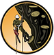 Rock climber on a rope scaling a dark rock wall inside a circular logo-like emblem.