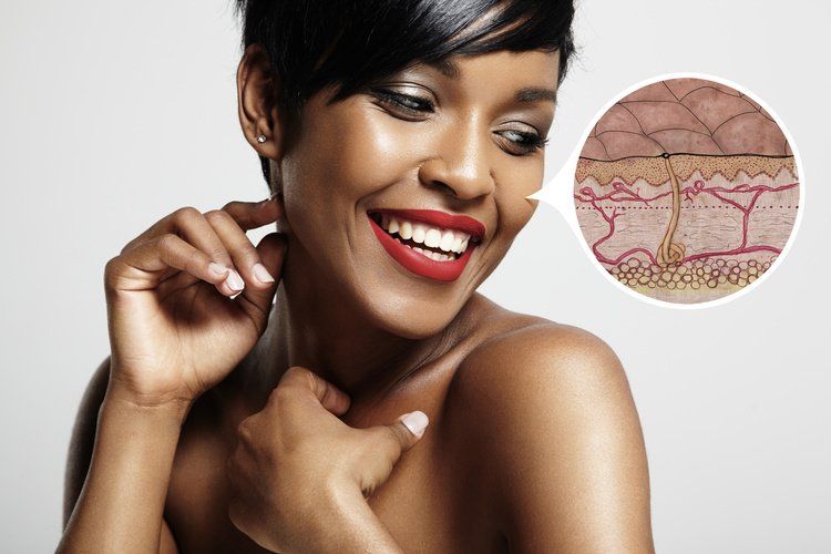 Image with woman smiling with an additional photo showing an up-close photo of the skin