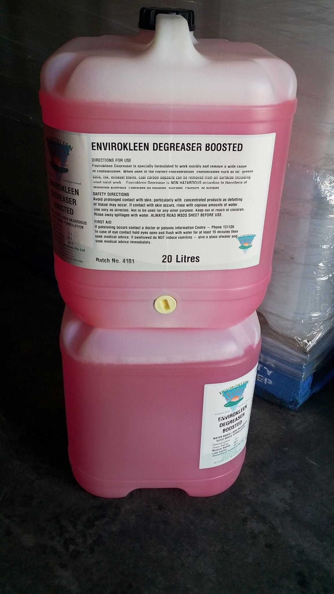 Two Stacked Pink Liquid Containers With Labels — Envirokleen Solutions In Slade Point, QLD