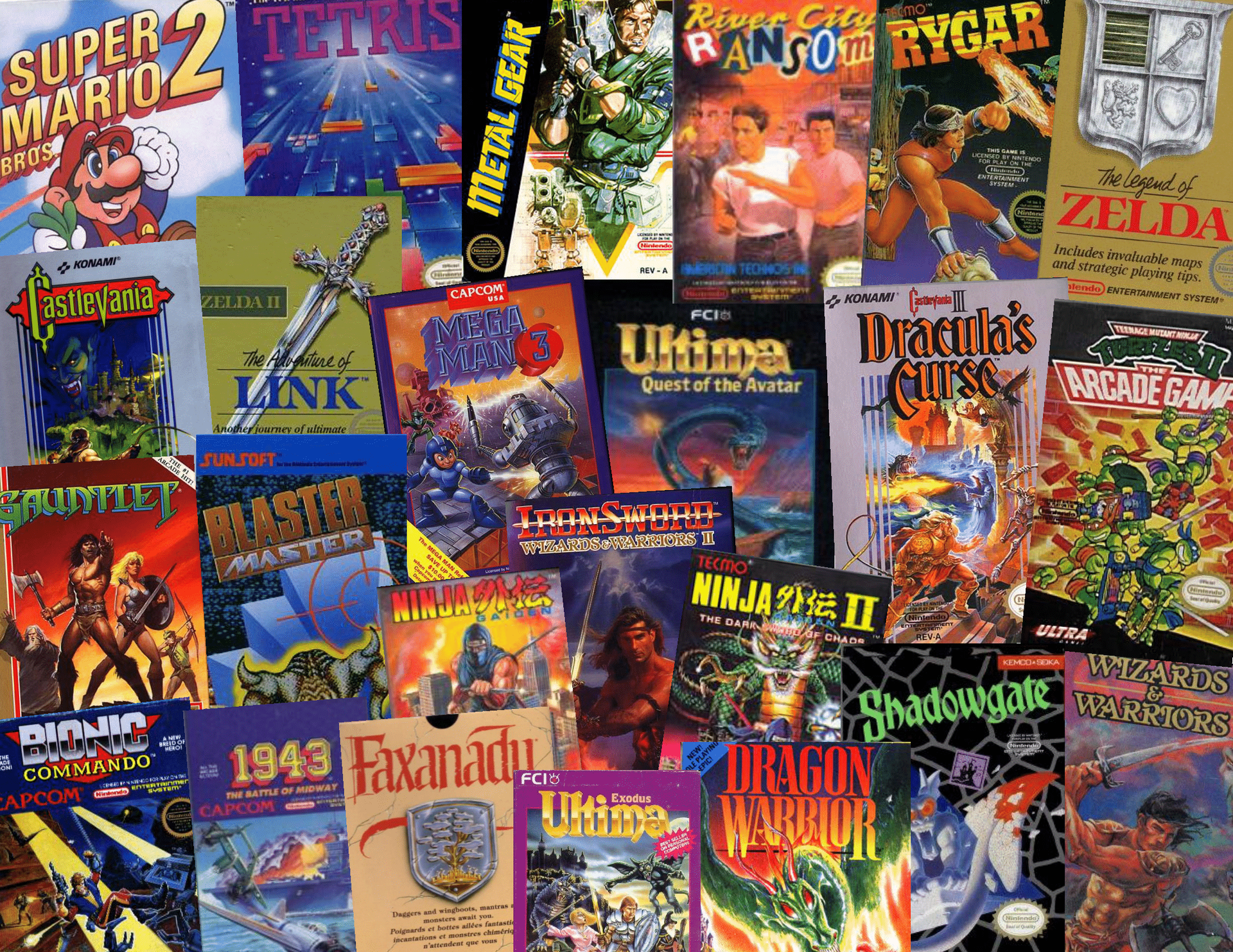 Super Mario 2 & 3, Tetris, Metal Gear, River City Ransom, Rygar, Zelda, Mega Man 2 & 3, Ultima: Quest of the Avatar, The Adventure of Link, Dracula's Curse, TMNT II, Gauntlet, Blaster Master, Arkanoid, Ninja Gaiden I & II, Ironsword, Bionic Commando, Faxanadu, Ultima: Exodus, Shadowgate, 1943, Dragon Warrior I & II, Wizards & Warriors, Solar Jetman, Immortal, Goonies II, Ghosts & Goblins, Double Dragon 2