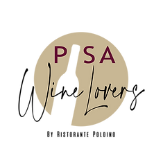 Logo per Pisa Wine Lovers del Ristorante Pudino, con silhouette di bottiglia e bicchiere di vino.