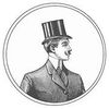 Illustrazione in bianco e nero di un uomo di profilo con cilindro a righe e abito, all'interno di una cornice circolare.