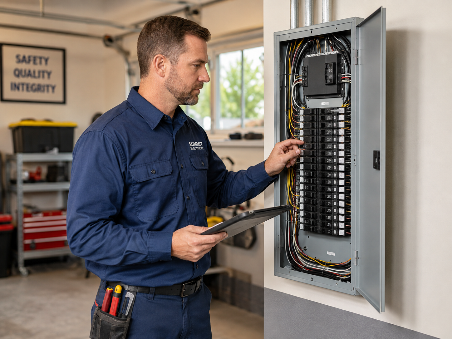 A professional electrician inspecting a newly installed breaker panel in a residential garage