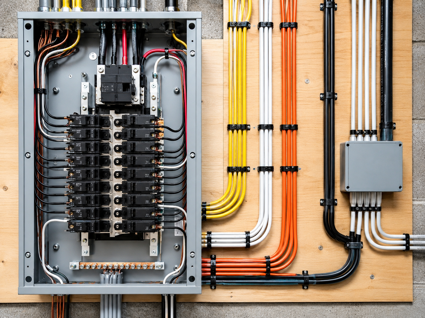 A clean, organized electrical wiring setup showing proper cable management