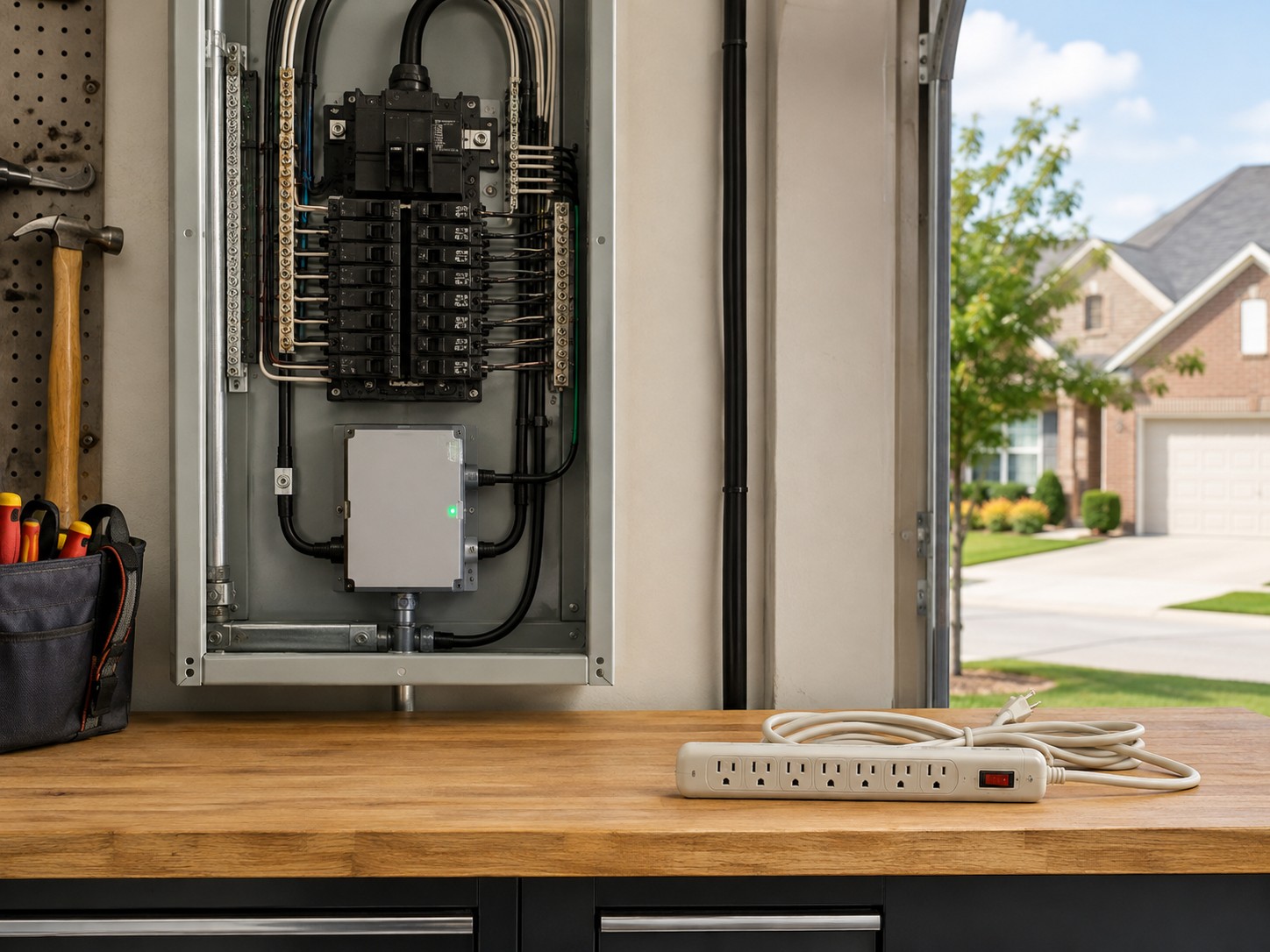 Side-by-side view of a main-panel SPD and a plug-in strip on a Mansfield home workbench