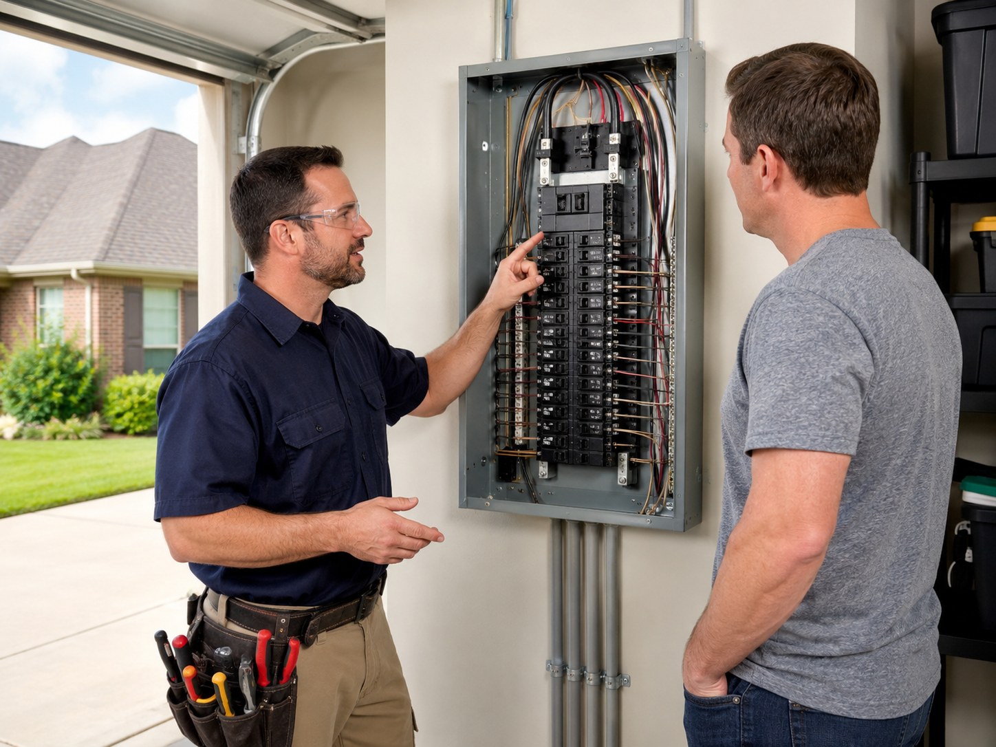 Mansfield homeowner reviewing a main electrical panel with an electrician before SPD install
