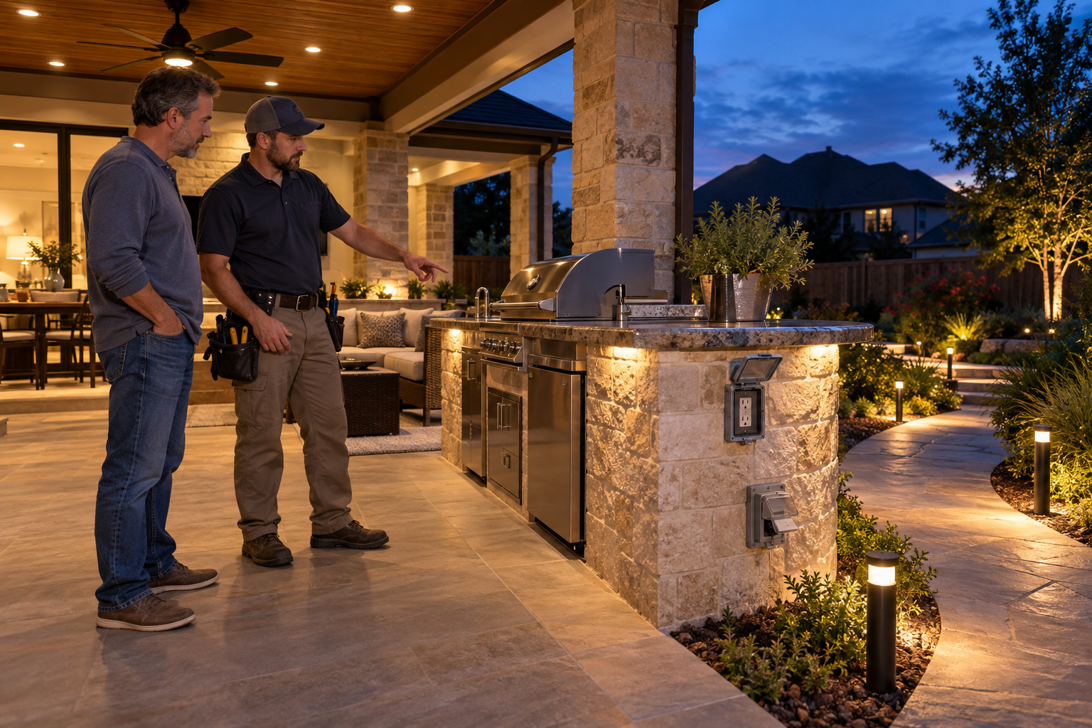 Mansfield homeowner and electrician reviewing a covered patio island with open weatherproof outlet covers and LED path lights at twilight