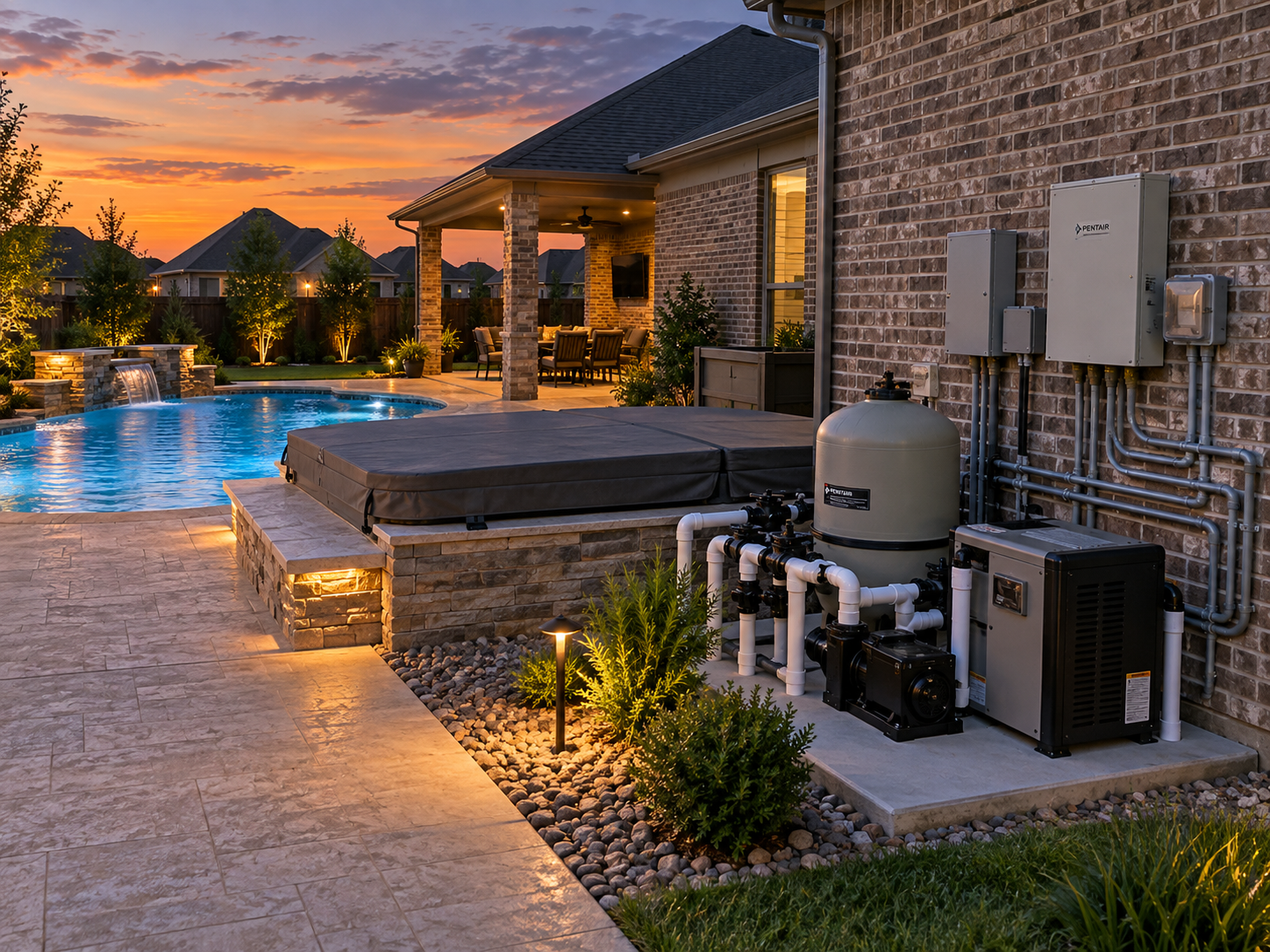 Mansfield backyard with pool equipment pad, conduit runs, and spa cover beside a brick home at dusk