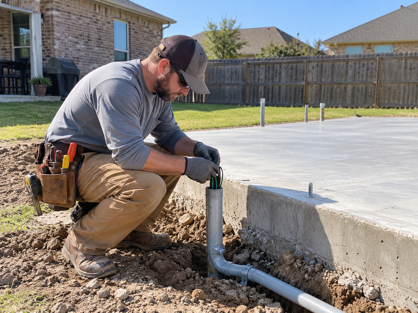 photographic scene of a Mansfield electrician kneeling beside open conduit beside a detached garage slab