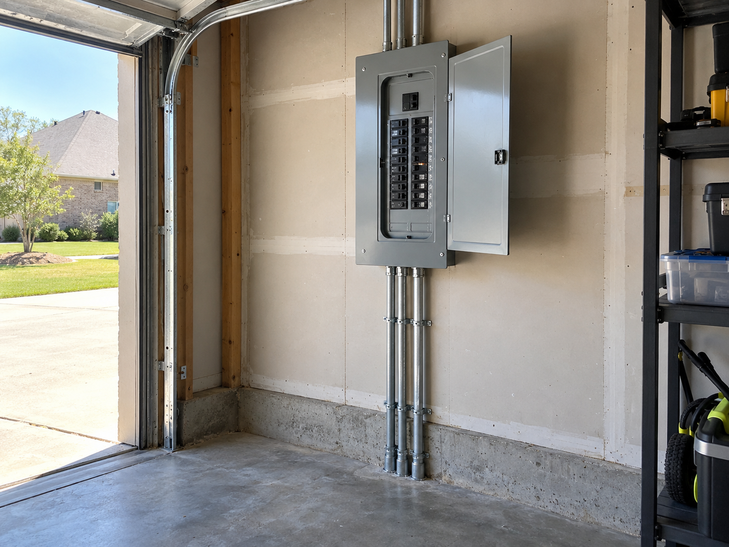 photographic view of a Mansfield detached garage interior with a wall-mounted subpanel, open breaker door, and conduit entry near the slab