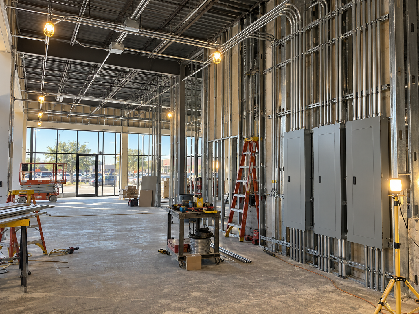 open Mansfield TX commercial suite with temporary work lights, exposed EMT conduit runs, and unlabeled panel covers during a tenant buildout