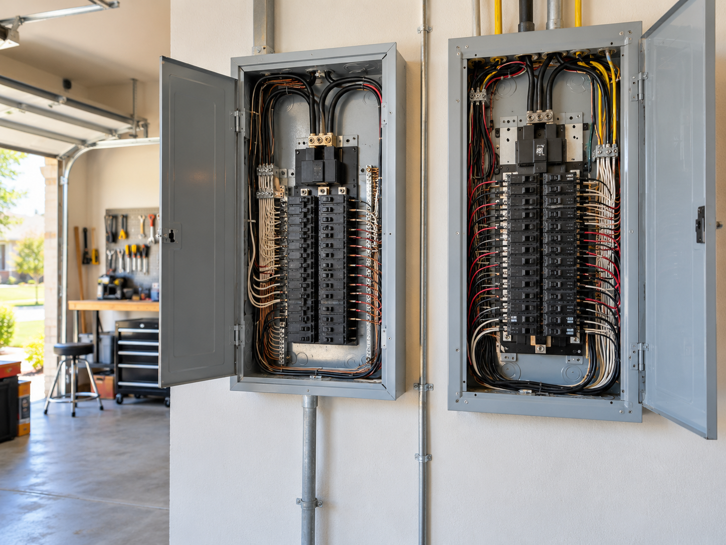 two residential breaker panels side by side on a garage wall during a Mansfield home service comparison