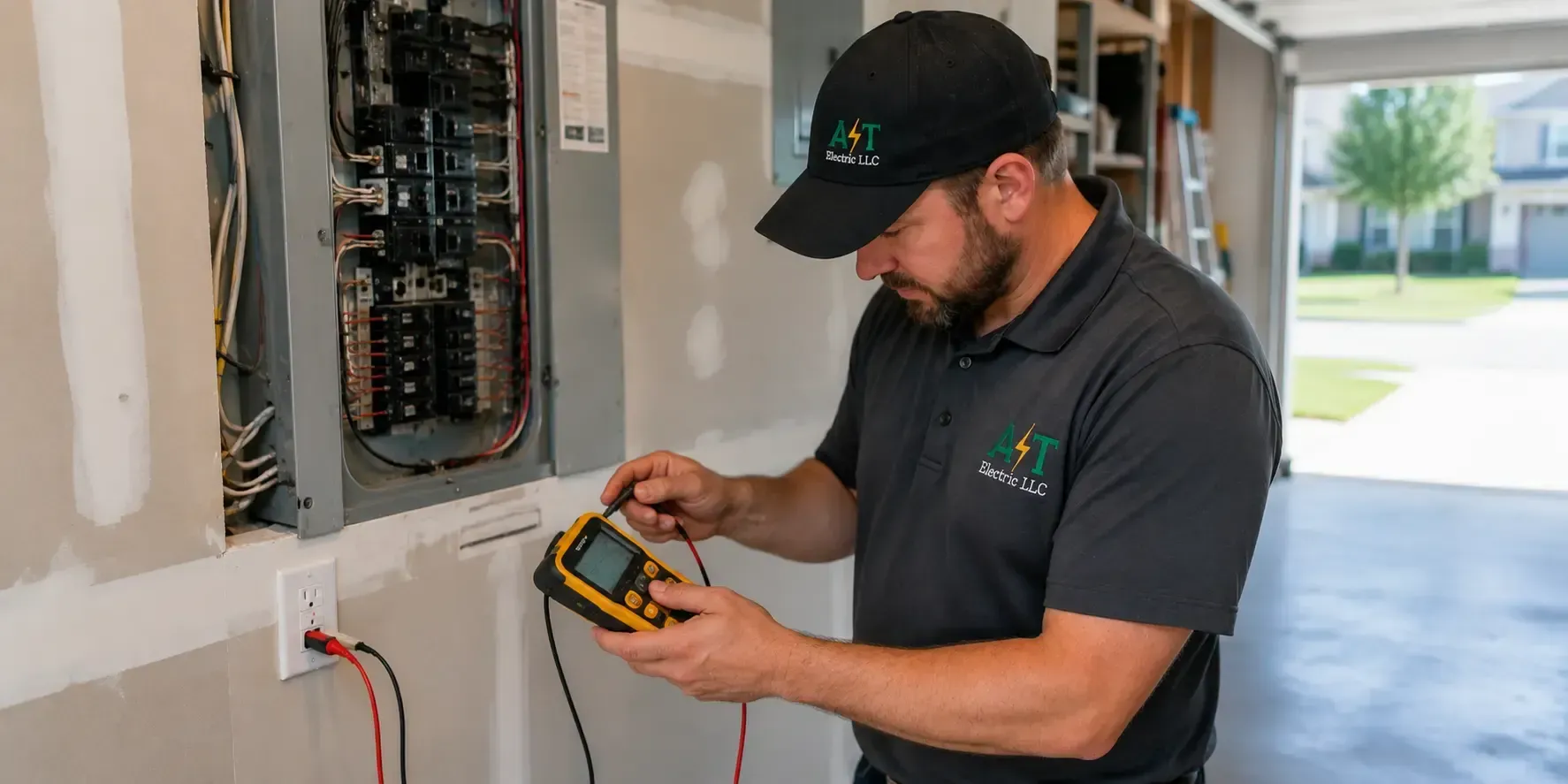Electrician comparing GFCI test results with a multimeter beside an open residential electrical panel in a Mansfield, Texas garage.