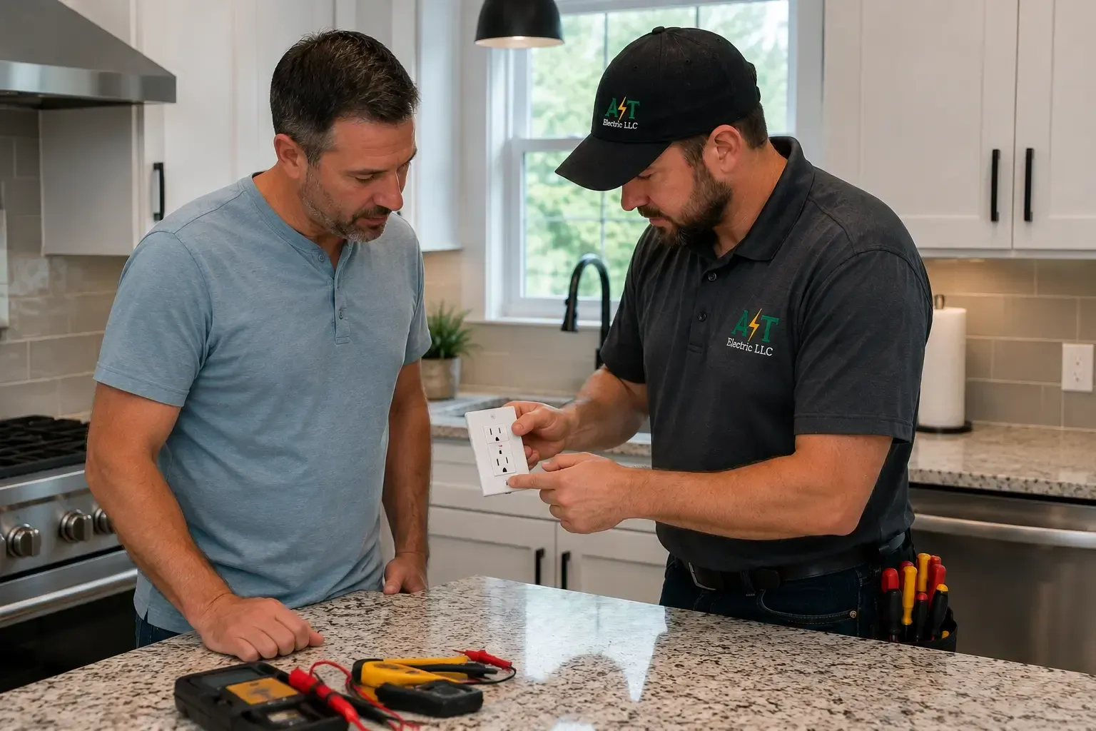 Electrician showing a homeowner a tripped GFCI receptacle while discussing electrical safety in a modern Mansfield, Texas kitchen.