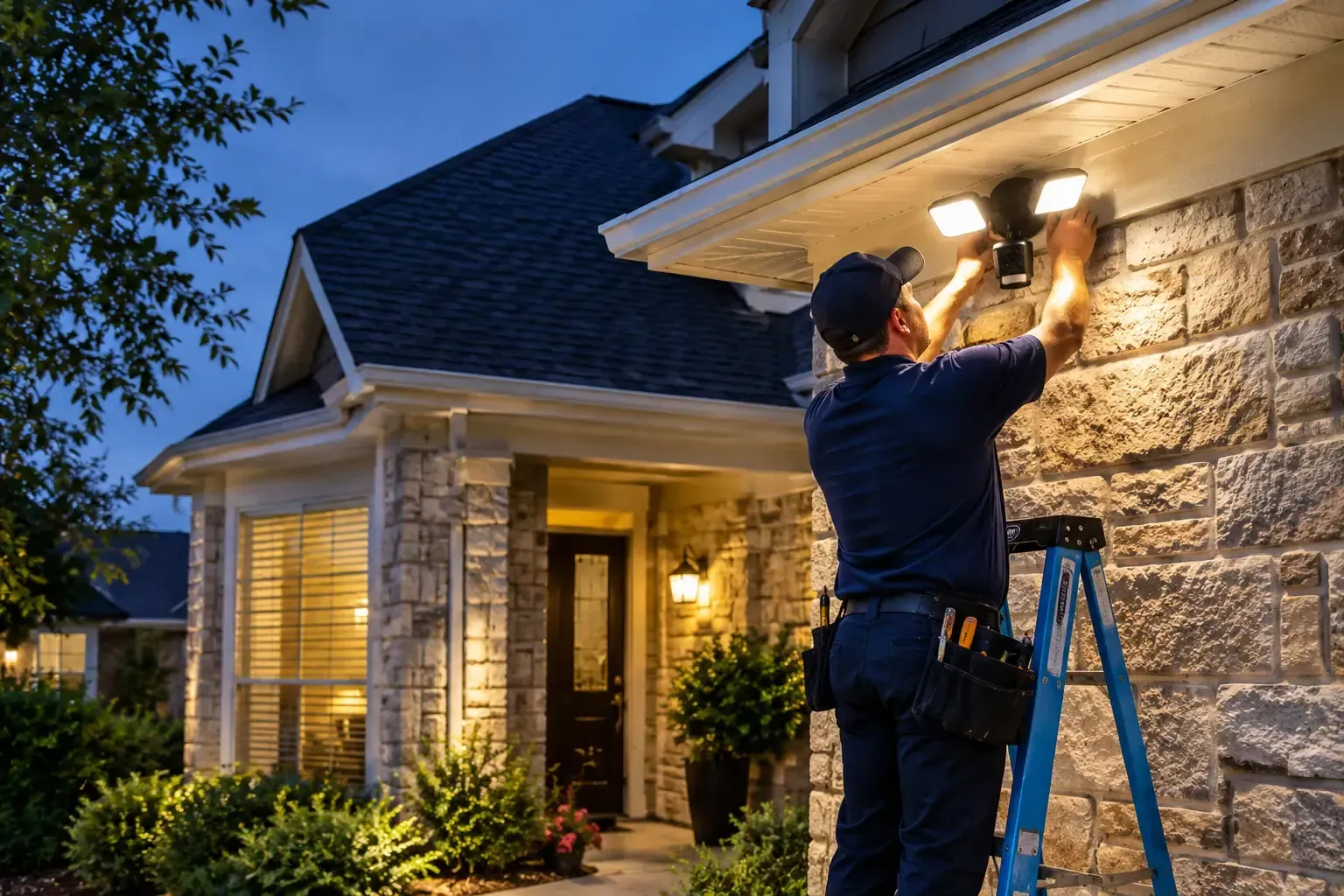 Security lighting technician installing a dual-head motion sensor floodlight under the eaves of a Mansfield home at dusk.