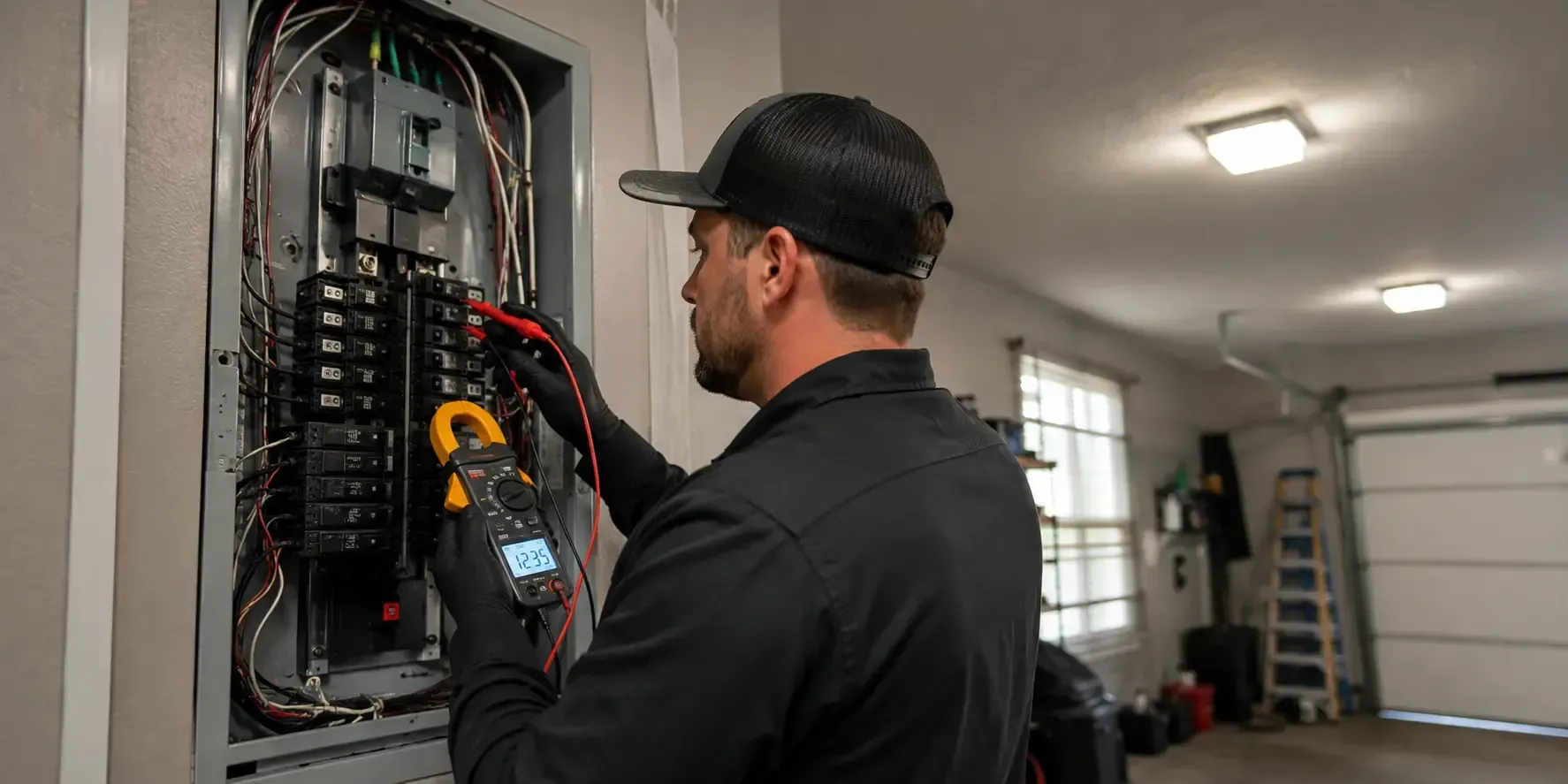 Technician measuring voltage at a residential breaker panel in a Mansfield garage while ceiling lights pulse in the background.