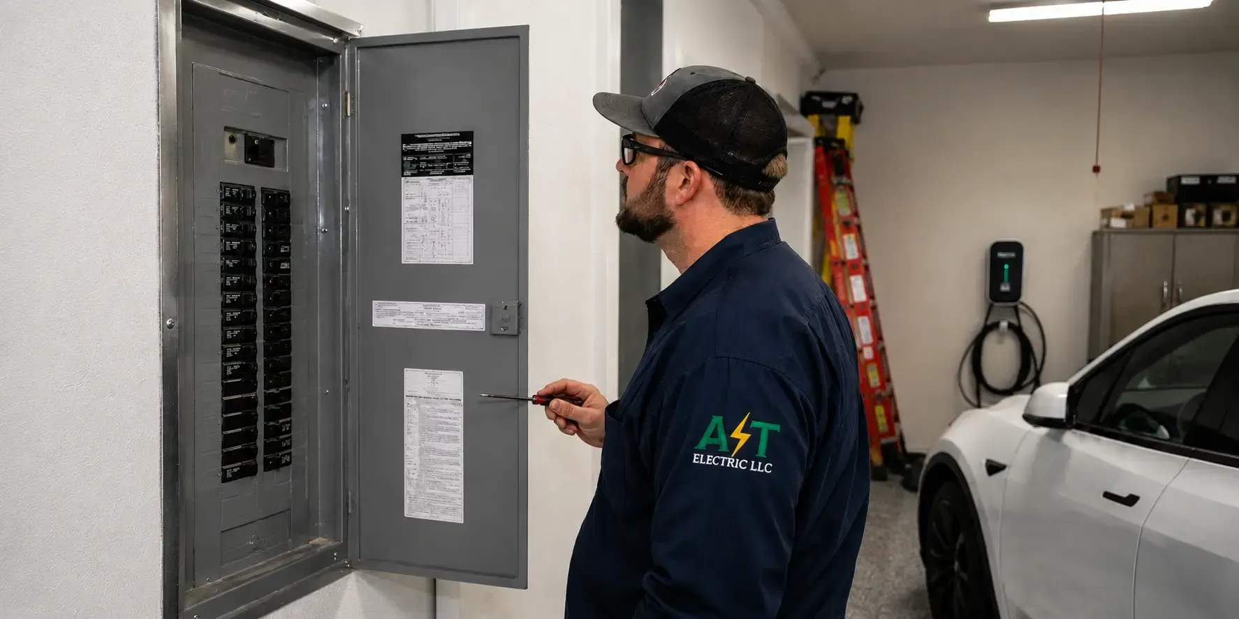 Professional electrician inspecting a residential electrical panel in a garage with a screwdriver, EV charger, ladder, and white vehicle in the background.
