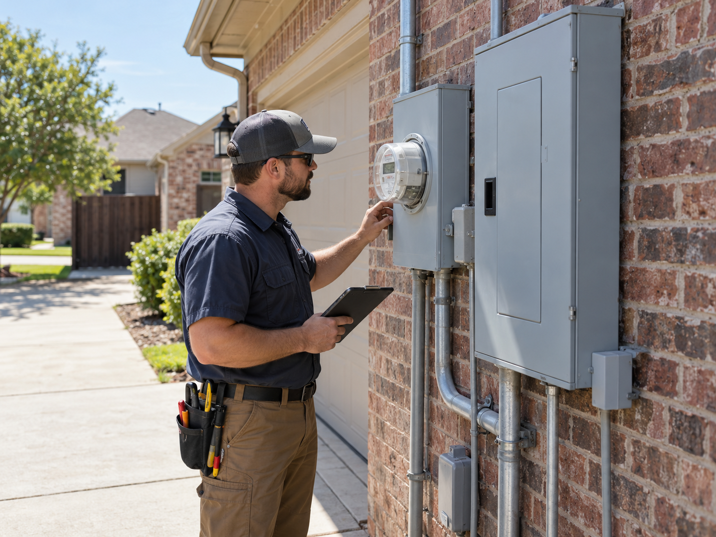 photographic view of a licensed electrician reviewing a residential meter and panel lineup beside a Mansfield brick garage on a clear afternoon