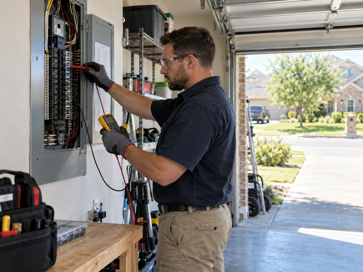 electrician testing a residential breaker panel with a multimeter inside a Mansfield Texas garage on a clear afternoon