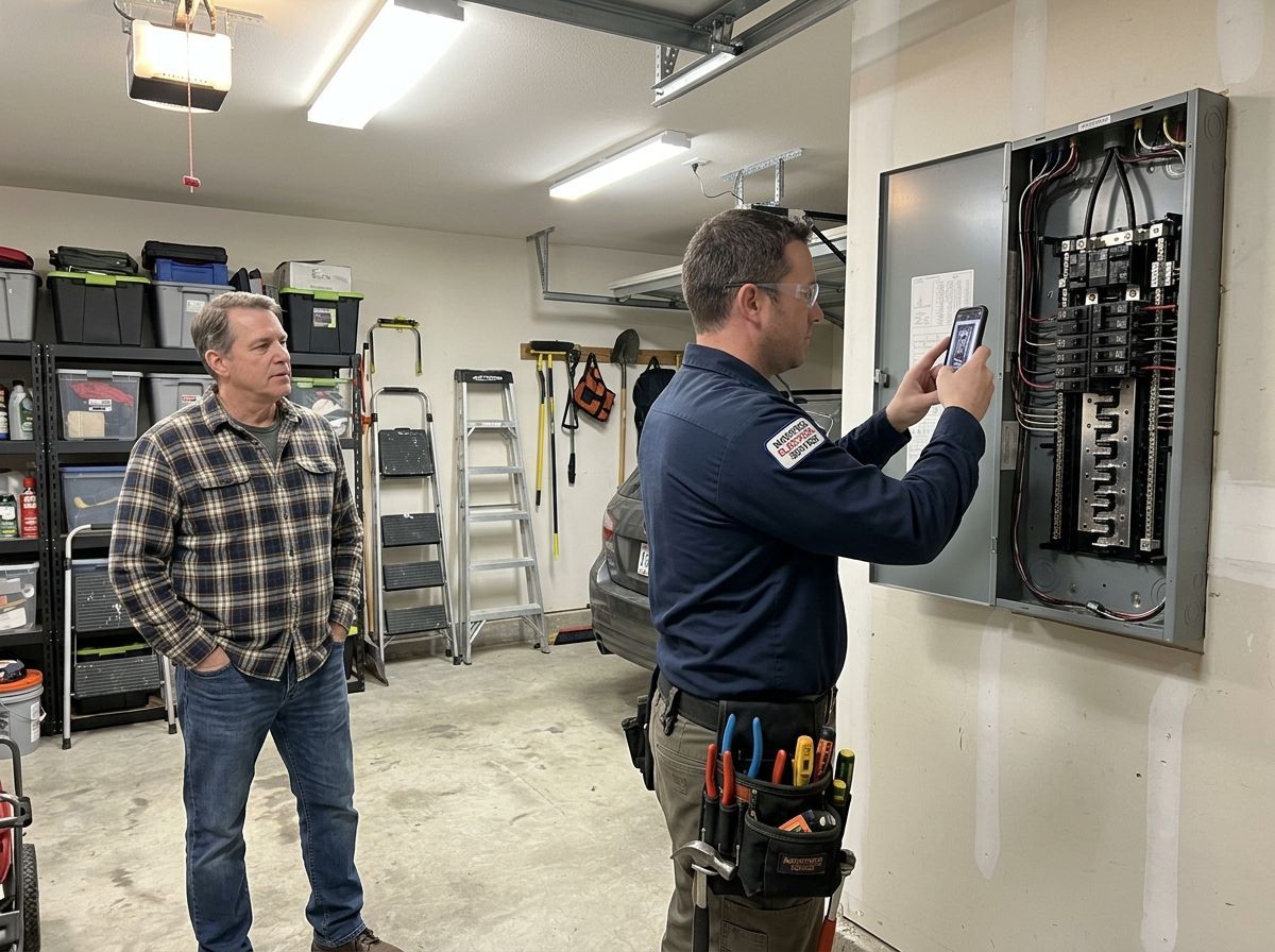 Mansfield homeowner standing back from an open panel while a licensed electrician in a branded shirt photographs bus bars under garage lighting