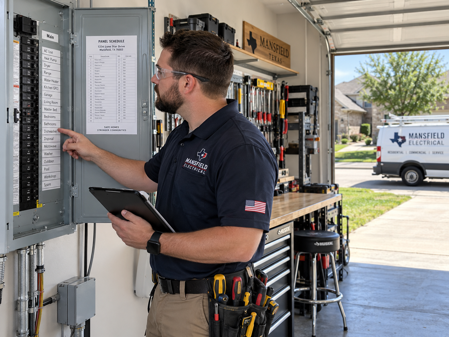 electrician reviewing a labeled main breaker panel beside an open garage workshop in a Mansfield Texas residential driveway