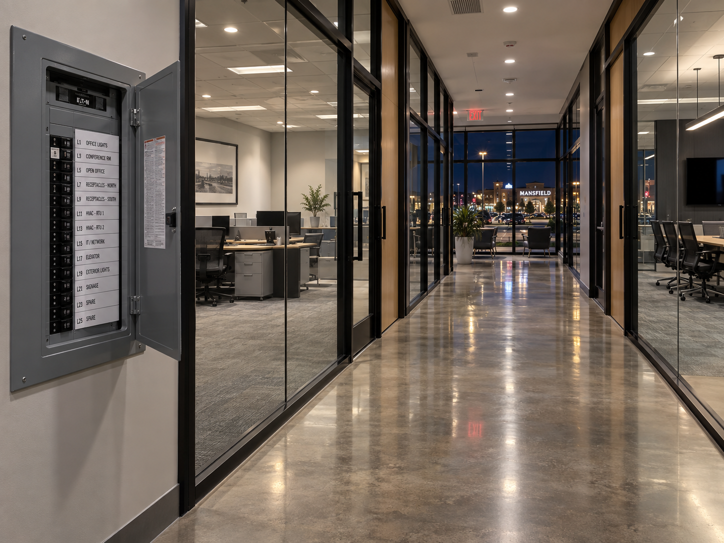 Mansfield commercial corridor at night with even LED downlights, labeled electrical panel door ajar, and empty workstations beyond glass