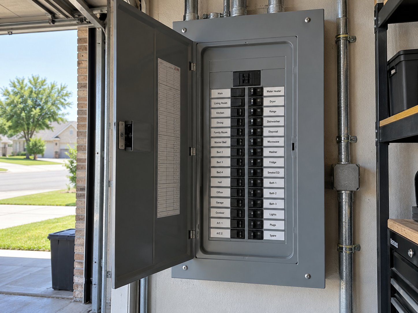 Photographic view of a residential electrical panel open in a Mansfield TX garage with labeled breakers and conduit nearby