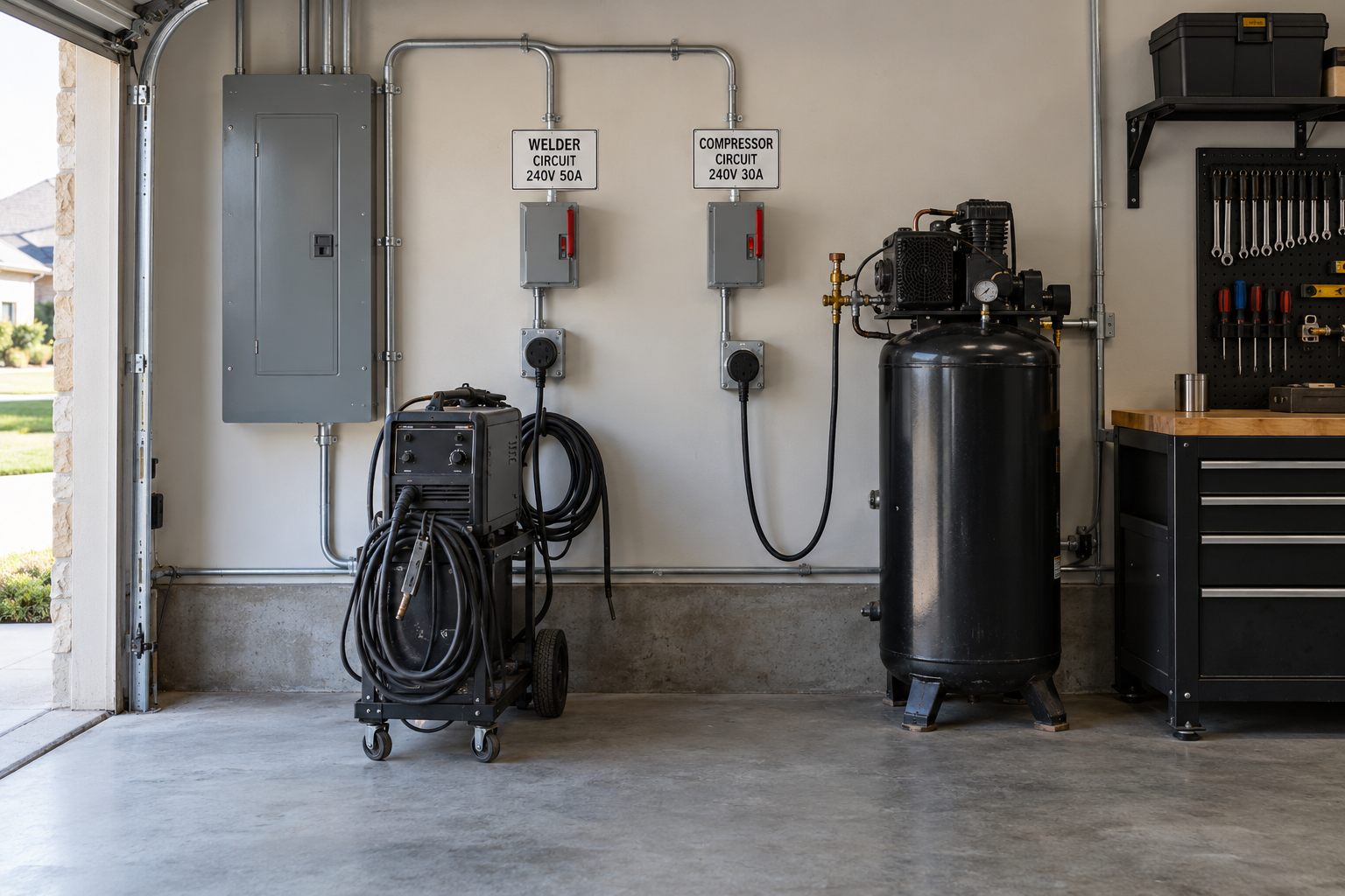photographic view of a Mansfield TX garage bay with a welder and compressor on separate labeled circuits along a finished wall
