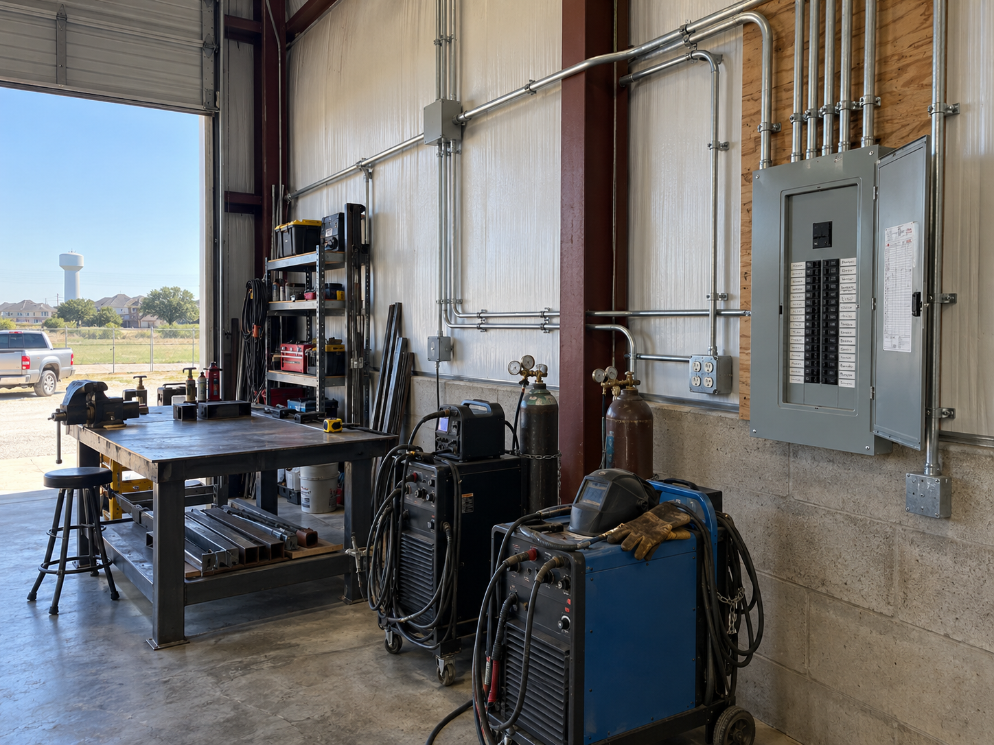 photographic interior of a Mansfield TX shop wall with conduit runs feeding a labeled subpanel beside idle welders