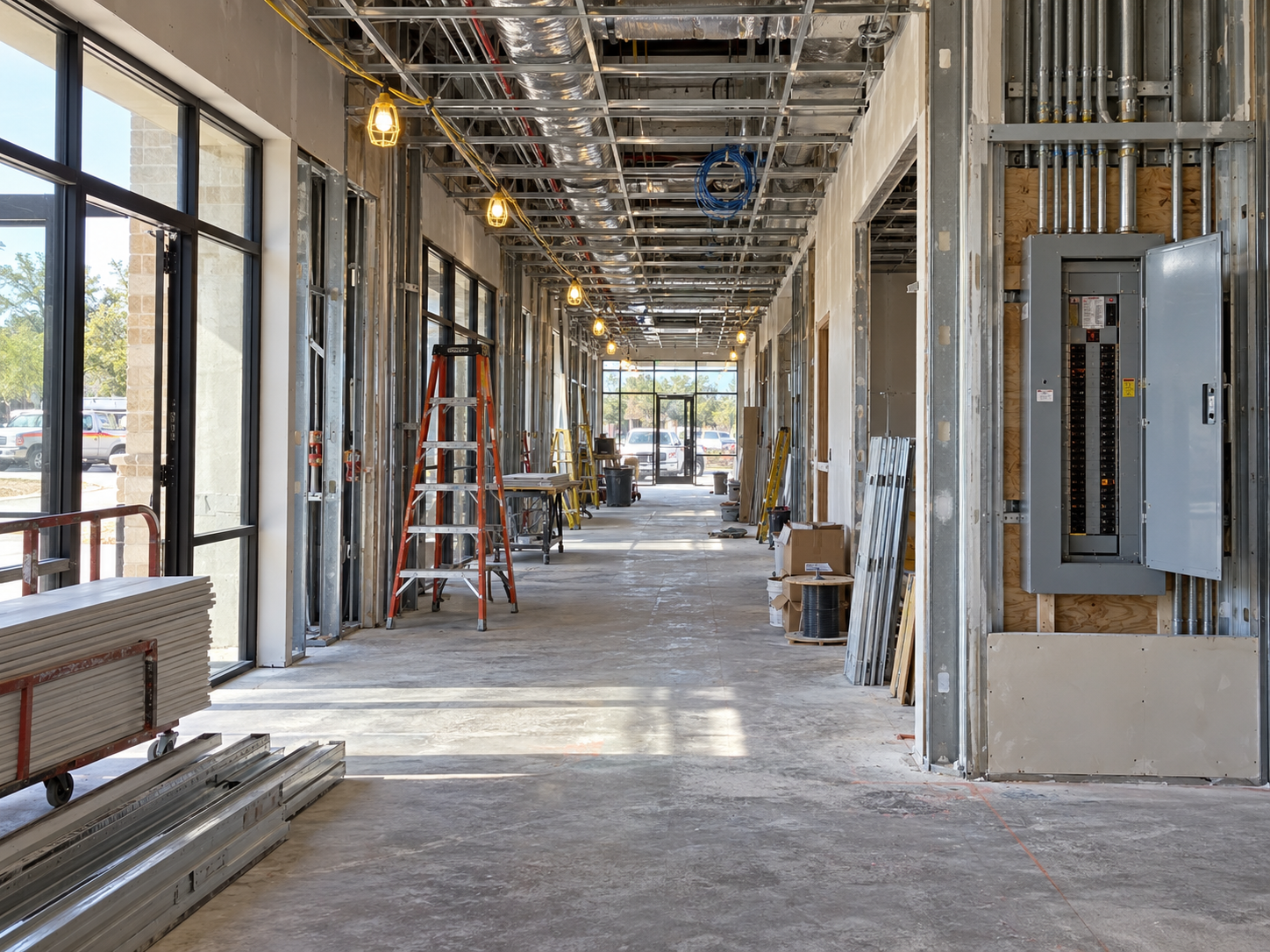 Mansfield TX strip-center corridor with open ceiling grid, temporary power strings, and a commercial panel door ajar during tenant fit-out