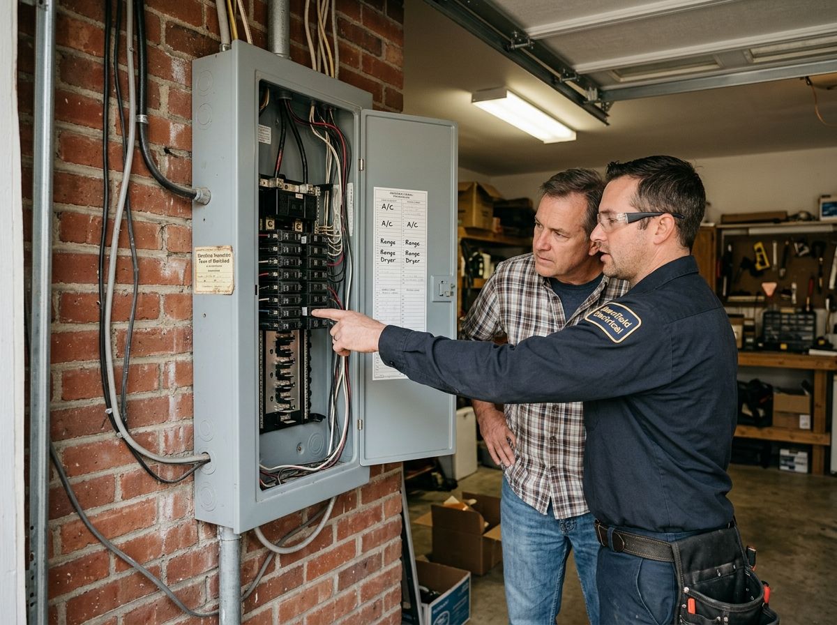 open gray breaker panel on a brick garage wall in Mansfield with labeled breakers and a homeowner watching a technician point to the bus bars