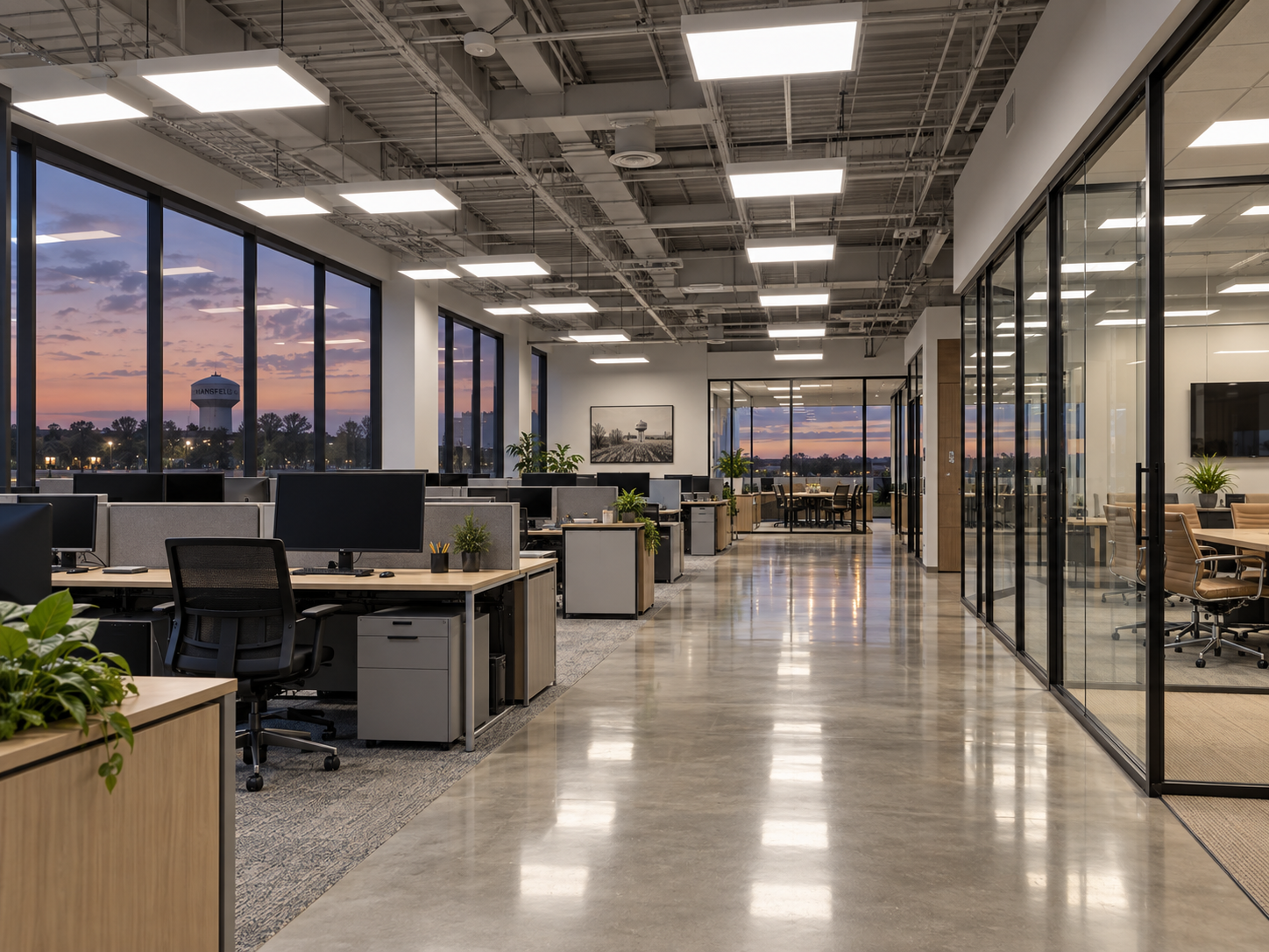 Mansfield open-plan office at dusk with uniform LED troffers over workstations and glass conference walls