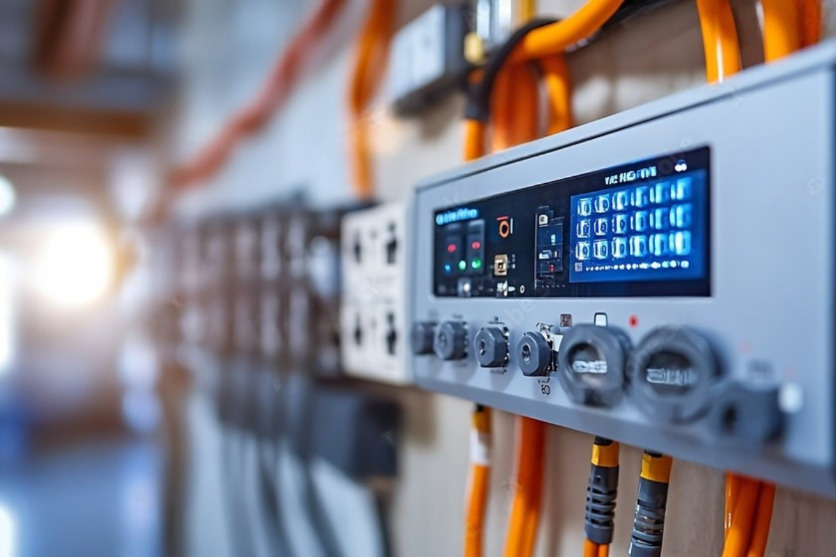 Control panel with a digital display and knobs, connected by orange cables.