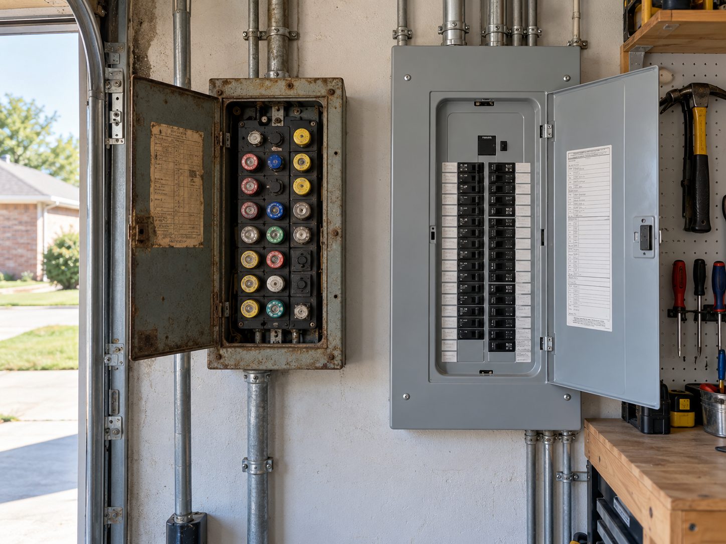 photographic side-by-side of a vintage screw-in fuse cabinet and a neat breaker panel on a garage wall in a Mansfield home