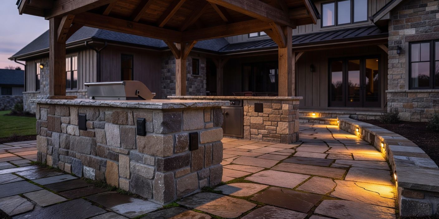 Covered Mansfield patio at dusk with a built-in grill island, closed weatherproof receptacles, and warm path lighting along a stone walkwa