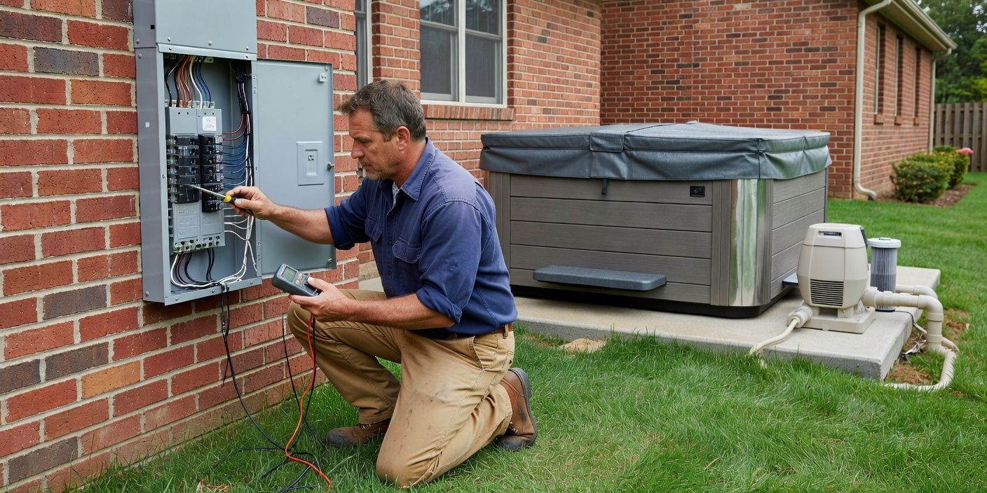 Licensed electrician checking a residential load center beside a covered spa and pool pump pad in a Mansfield brick-home backyard