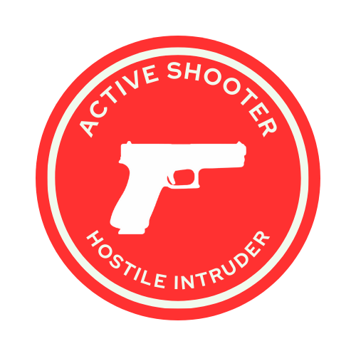 A red circle with the words active shooter hostile intruder on it
