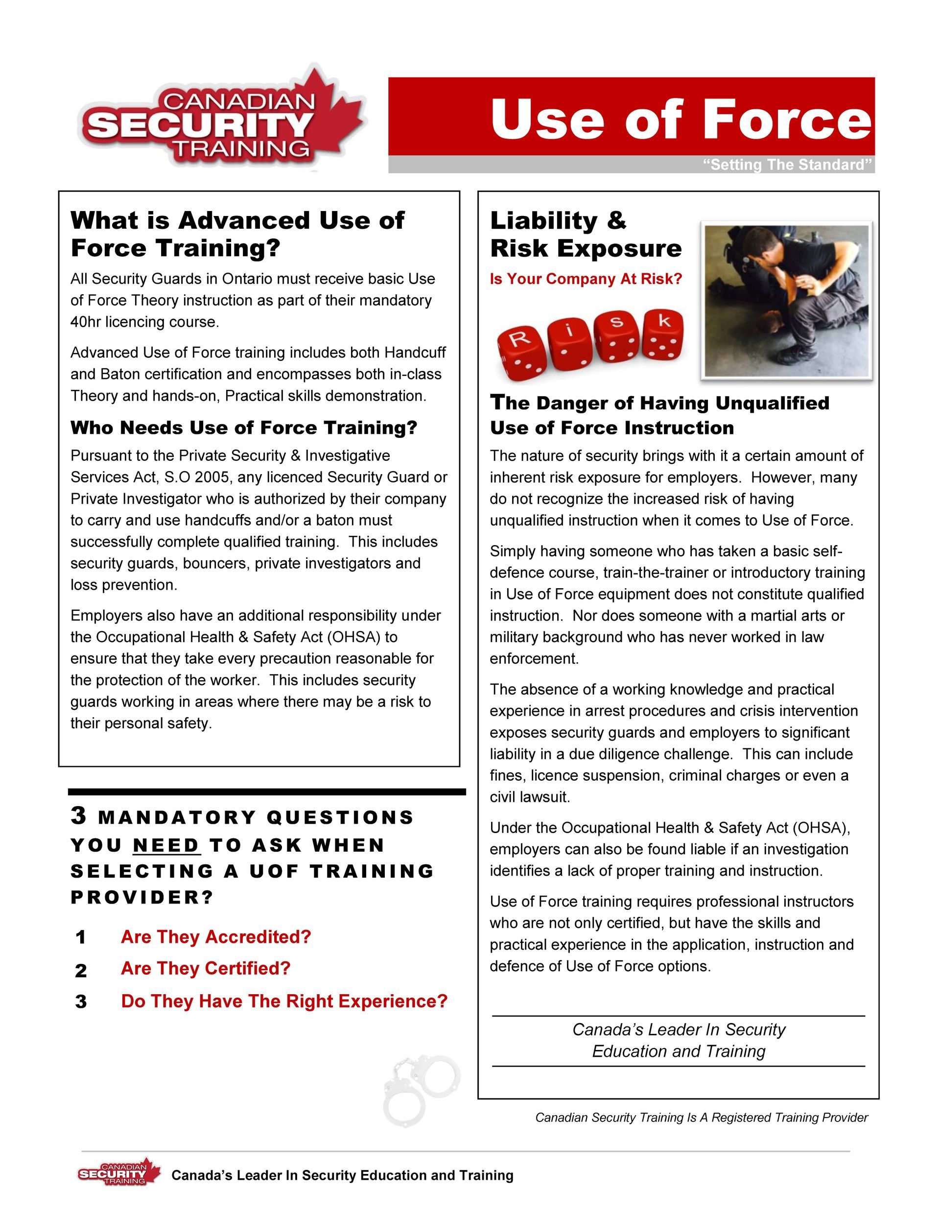 A canadian security training pamphlet titled use of force
