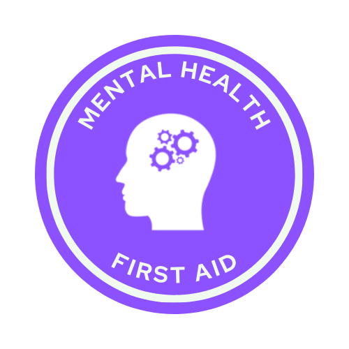 A logo for mental health first aid with a head with gears in it.