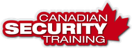 A logo for canadian security training with a maple leaf in the background