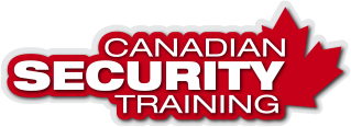 A logo for canadian security training with a maple leaf in the background