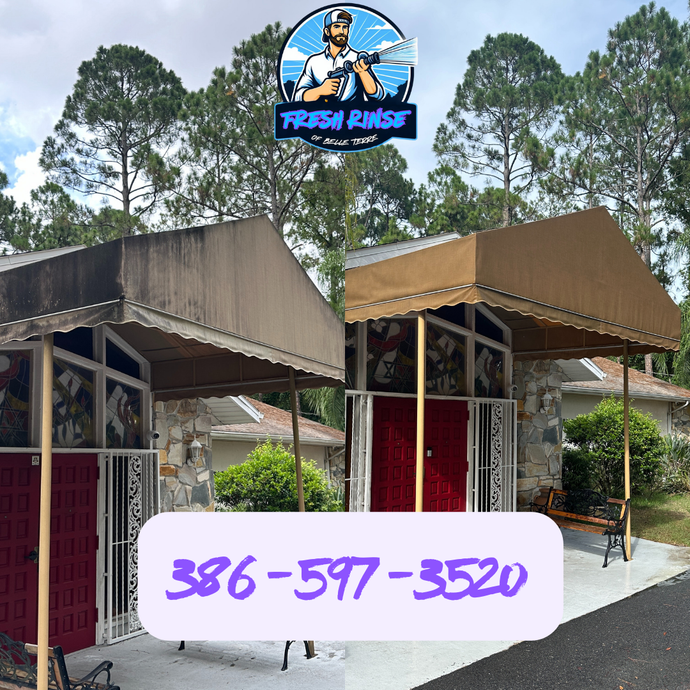 Storefront awning cleaning before/after - mildew and grime removed, colors restored