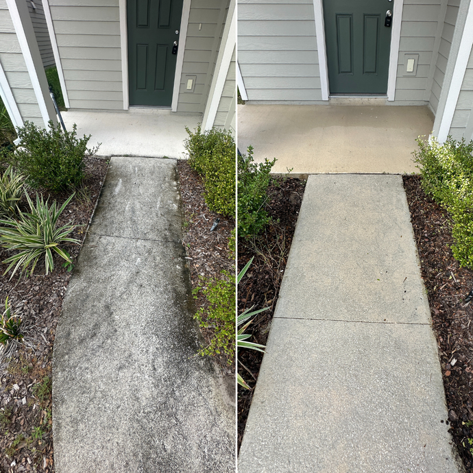 Walkway pressure wash before/after with stains lifted and curb appeal improved