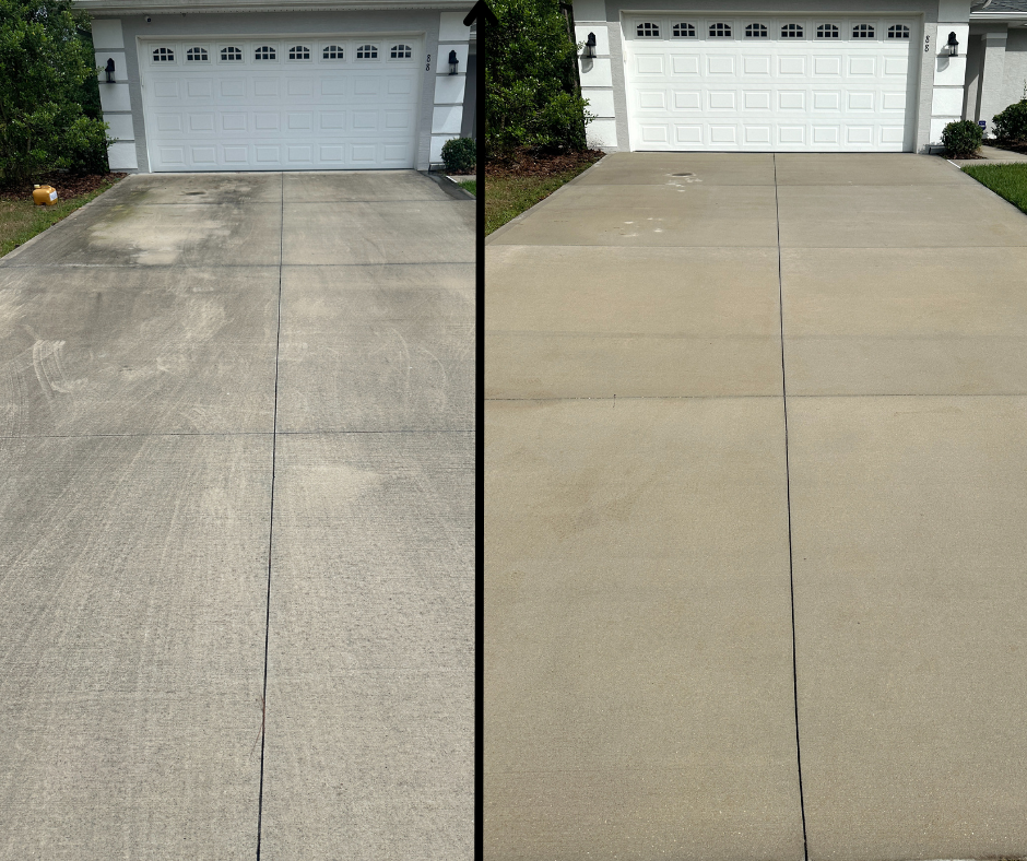 Before and after driveway in Ormond Beach pressure washing showing brighter, clean concrete