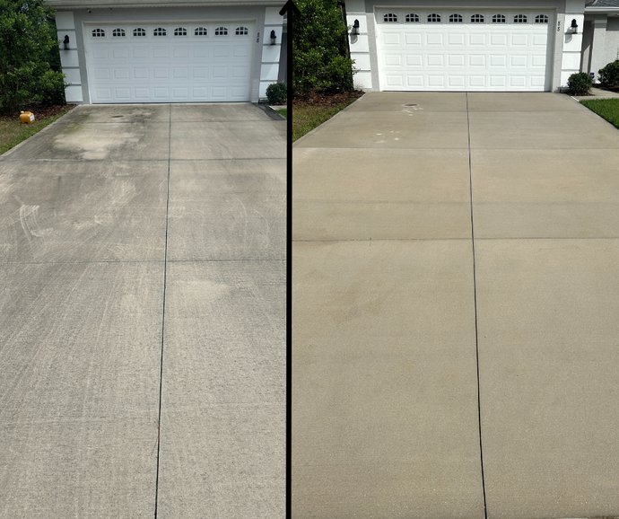 Before and after driveway pressure washing showing brighter, clean concrete