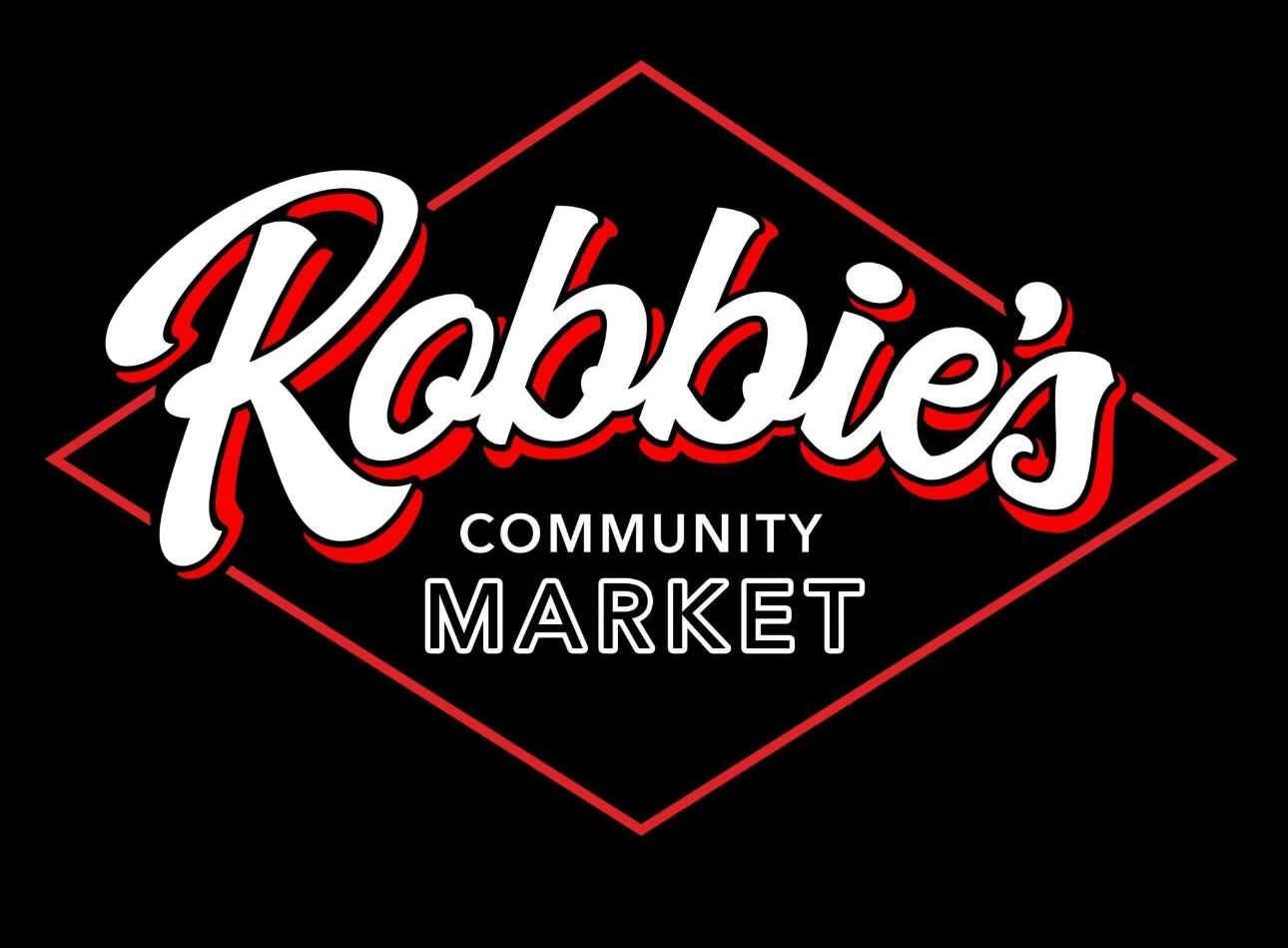 Robbie's Community Market logo on black. White script 