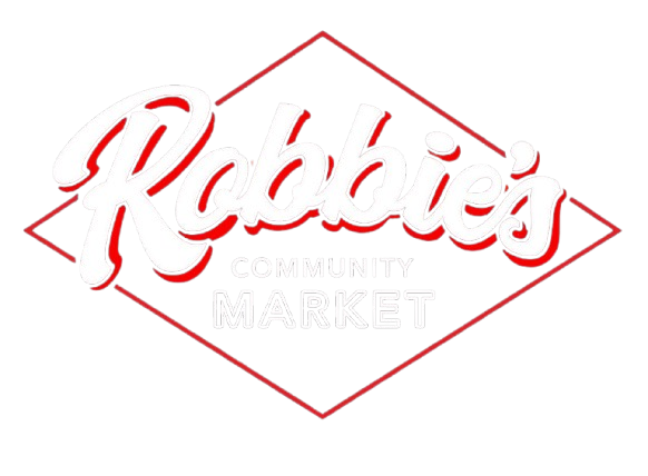 Robbie's Community Market logo in a red diamond, with white script "Robbie's" over "Community Market".