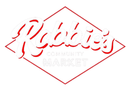 Robbie's Community Market logo in a red diamond, with white script "Robbie's" over "Community Market".