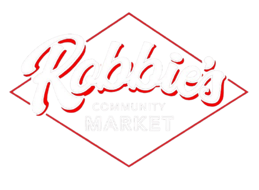 Robbie's Community Market logo in a red diamond, with white script "Robbie's" over "Community Market".