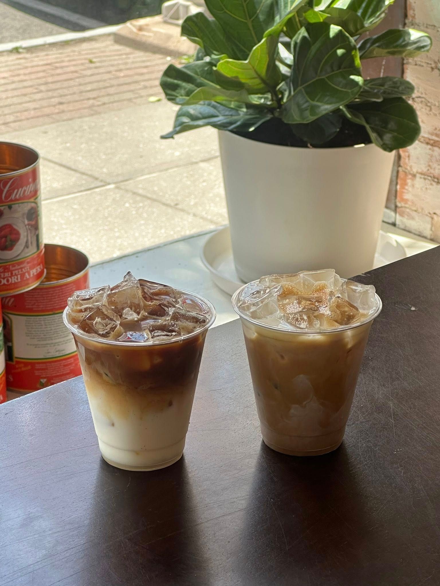 Two iced coffees in clear cups sit on a dark counter near a potted plant and window.